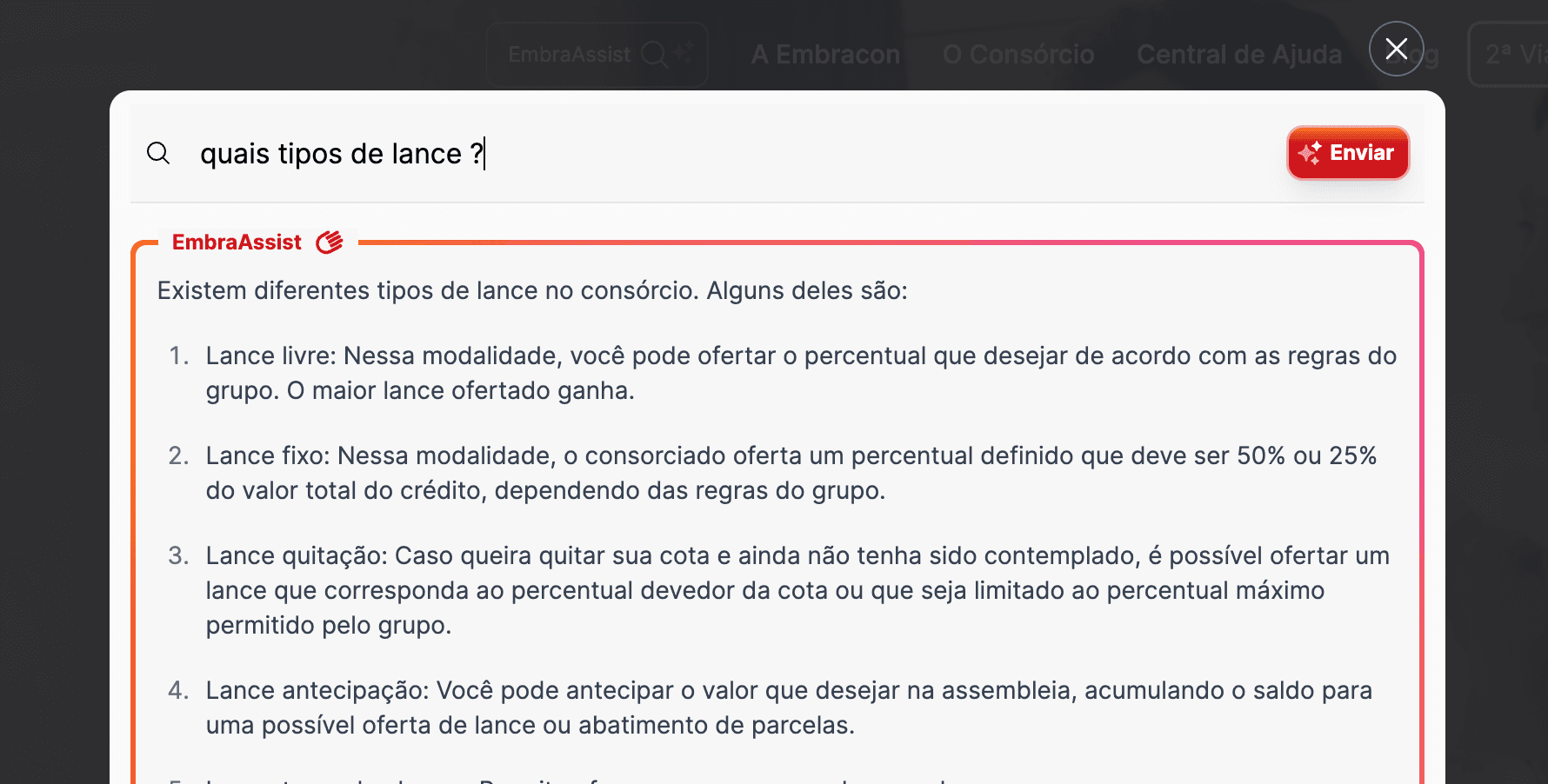 A inteligência artificial da Embracon chamada EmbraAssist respondendo a perguntas sobre o lance do consórcio